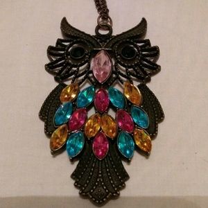 Retro Vintage Colorful Rhinstone Owl Necklace